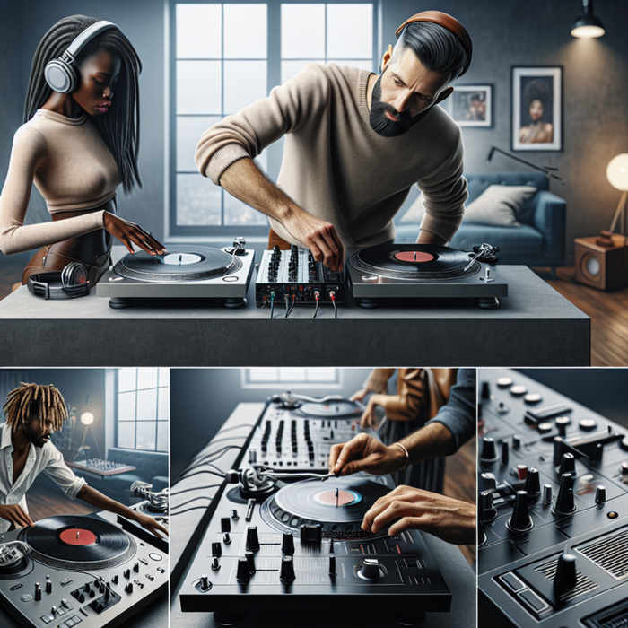 a collage of turntables and DJ controllers