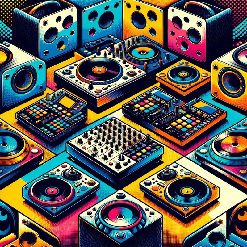 artistic depiction of dj turntables, controllers, and loudspeakers